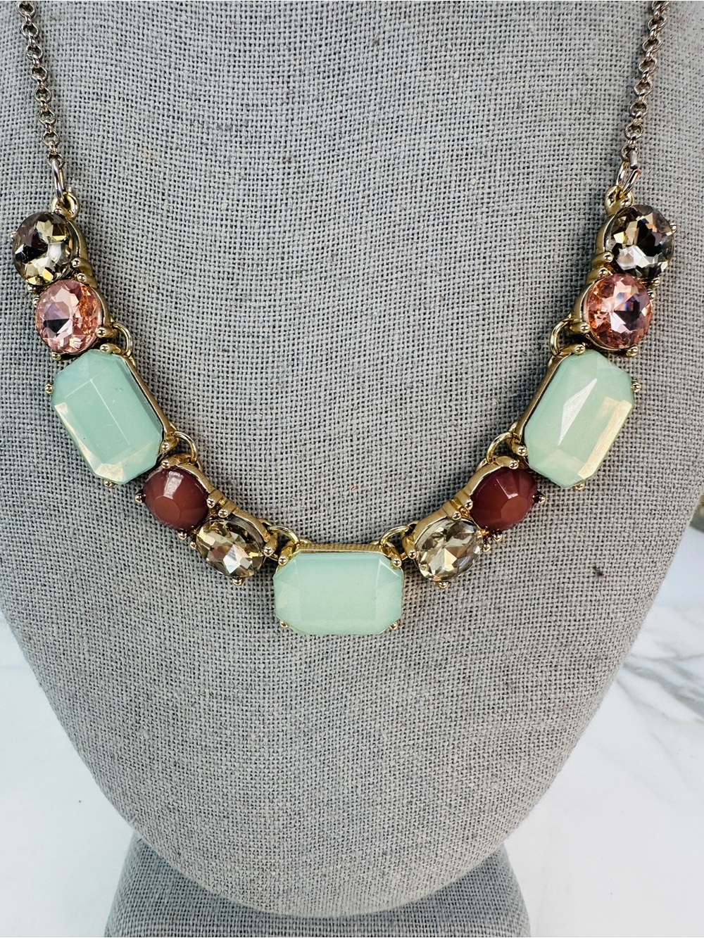 Vintage Crown Trifari Gemstone Necklace  Green Pink Champagne Accents 80s 90s